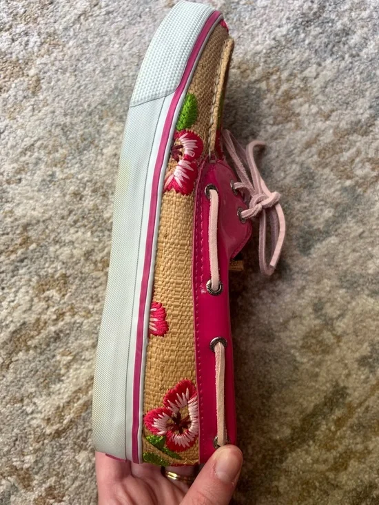 Sperry Hot Pink Floral Embroidered Canvas & Patent Boat Shoes - Picture 3 of 10